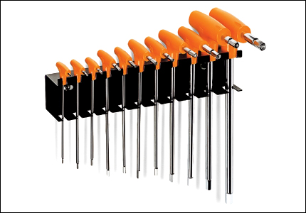 Set of 11 hexagonal Allen T-wrenches with handle